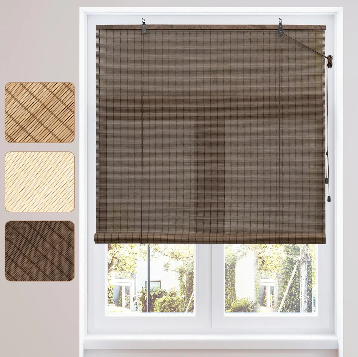 WOLTU Estores de Bambú, Persianas Enrollables para Exterior e Interior, Cortina de Bambú Natural, Estor Transpirable de Puertas o Ventanas, Protección Solar y Privacidad, Marrón Oscuro, 80x220 cm