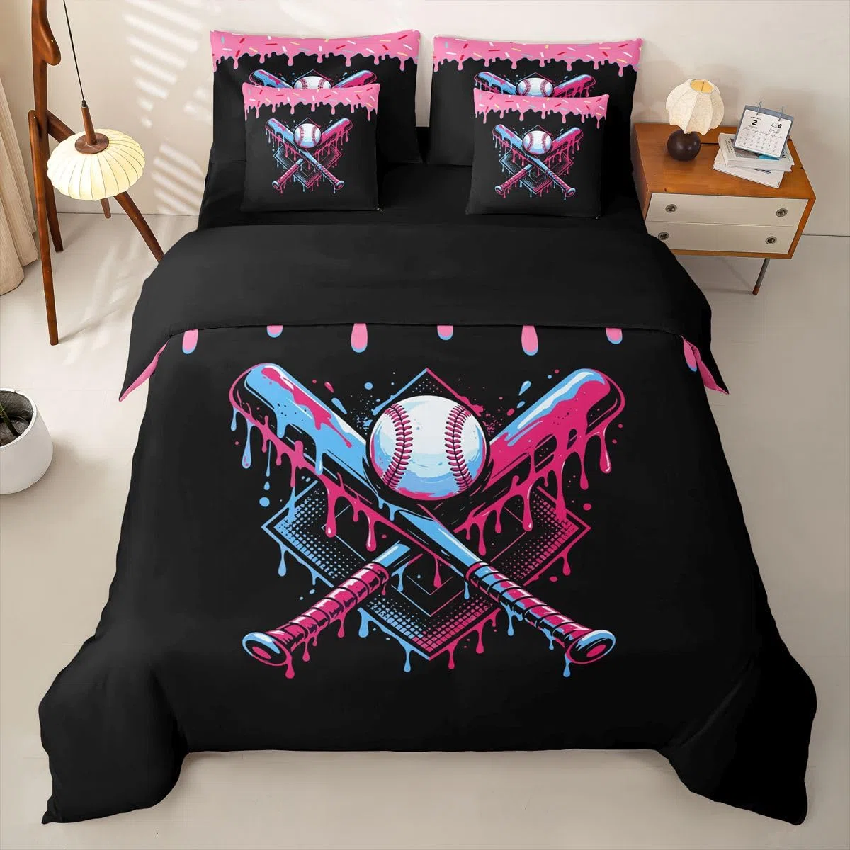 Loussiesd Juego de funda de edredón de béisbol tamaño Super King de 7 piezas, ropa de cama para niños y niñas, juego de cama con funda de edredón, sábanas, fundas de almohada, fundas de cojín