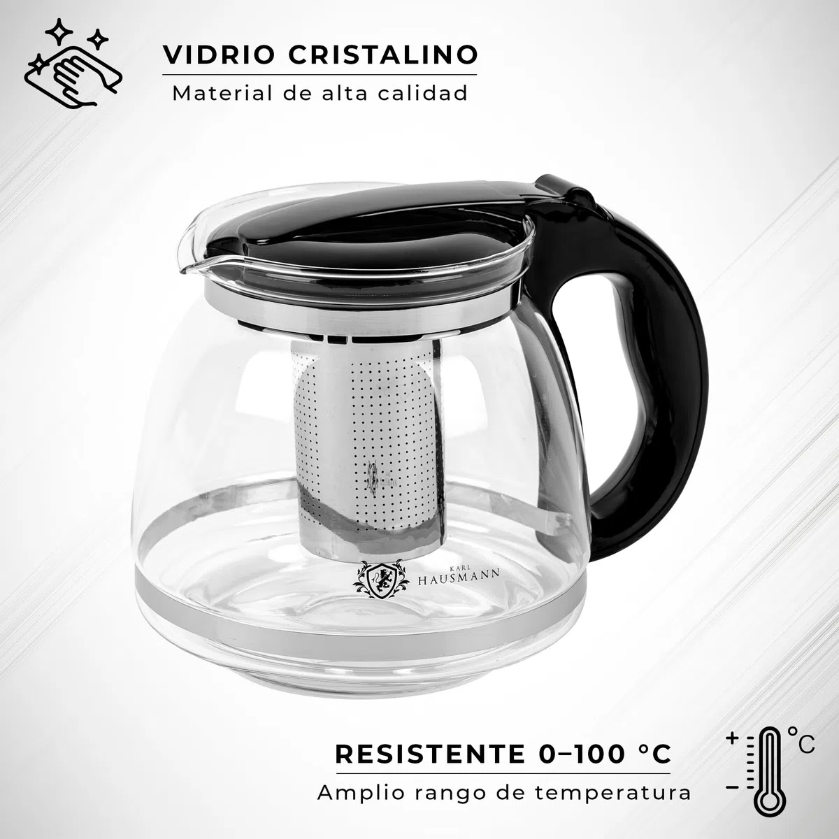 KARL HAUSMANN Tetera de Vidrio 2L con Infusor - Tetera con Filtro para Té, Infusiones y Café | Vidrio Resistente al Calor, Vertido sin Goteo, Apta Para Lavavajillas