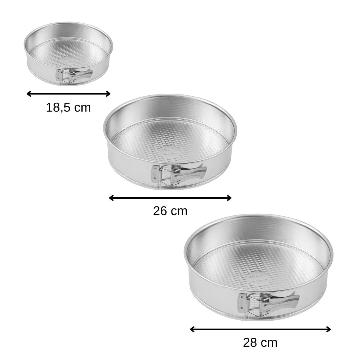 Zenker 9992155 Set de 3 moldes para tartas con bisagras de acero galvanizado, Molde para pastel redondo de hierro blanco, Plateado, Acero galvanizado, Diámetros de 18,5 cm + 26 cm + 28 cm