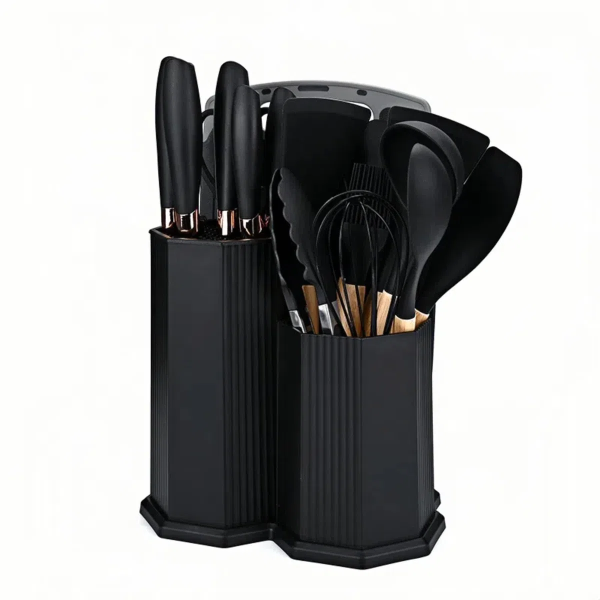 Juego de utensilios de cocina de 19 piezas con cuchillos tabla de cortar y caja de almacenamiento en forma de diamante – utensilios de silicona resistentes al calor negro