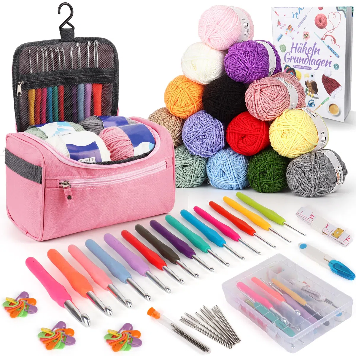 Coopay Juego de 73 agujas de ganchillo para principiantes, juego de agujas de ganchillo portátiles con 15 lana, bolsa, accesorios de ganchillo, 2,0-10 mm, agujas de ganchillo ergonómicas con mango