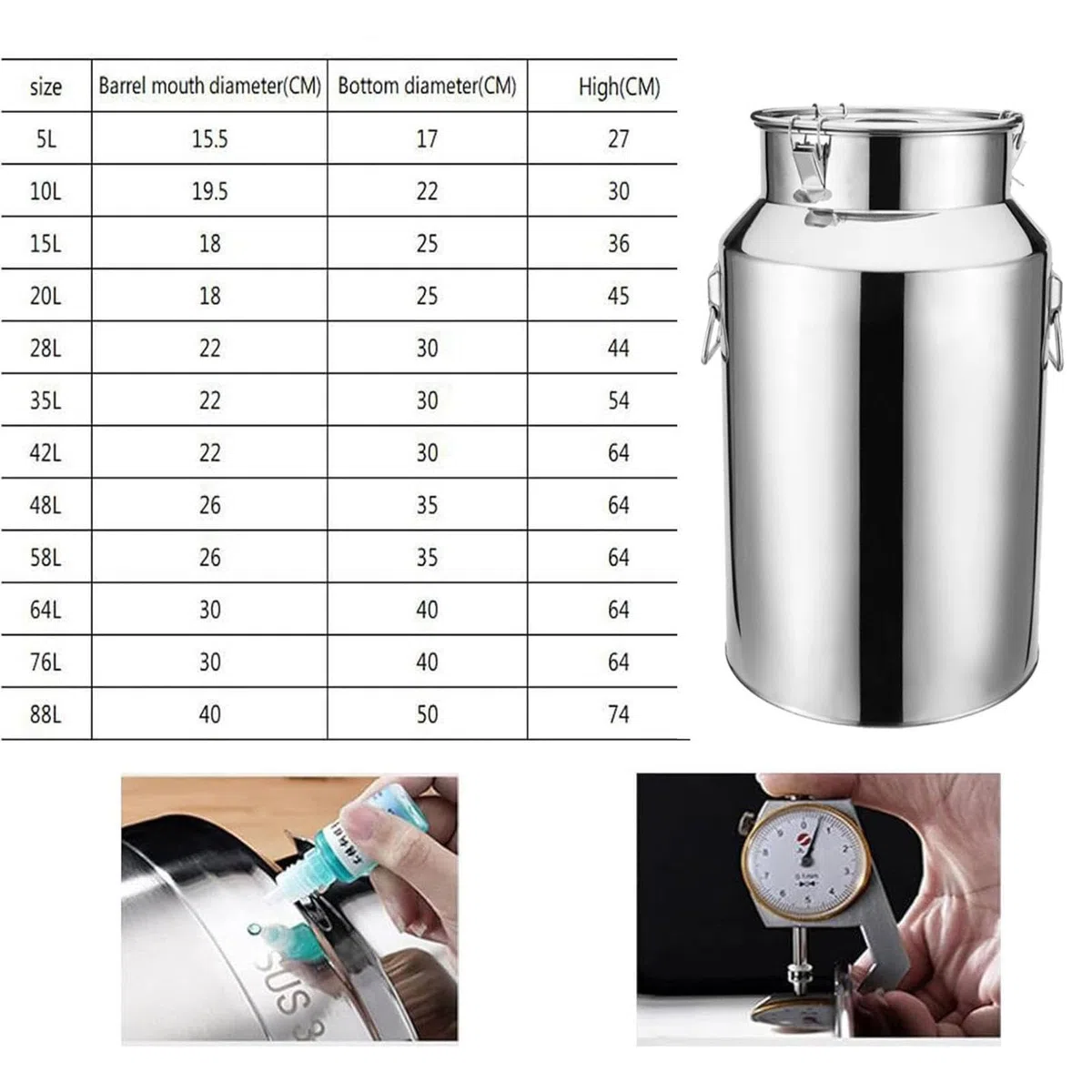 Lechera Acero Inoxidable Con Tapa, Lechera Acero Inoxidable 5-88 Litros,con Tapa Con Asa, Para Transportar o Almacenar Leche,Nofaucet-5L
