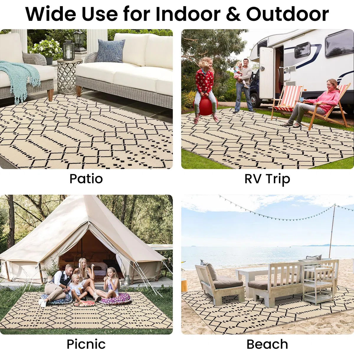 Homaxy Alfombra de exterior resistente a la intemperie, 120 x 180 cm, utilizable por ambos lados, resistente al agua, alfombra bohemia para terraza, jardín, balcón, camping, picnic, color beige