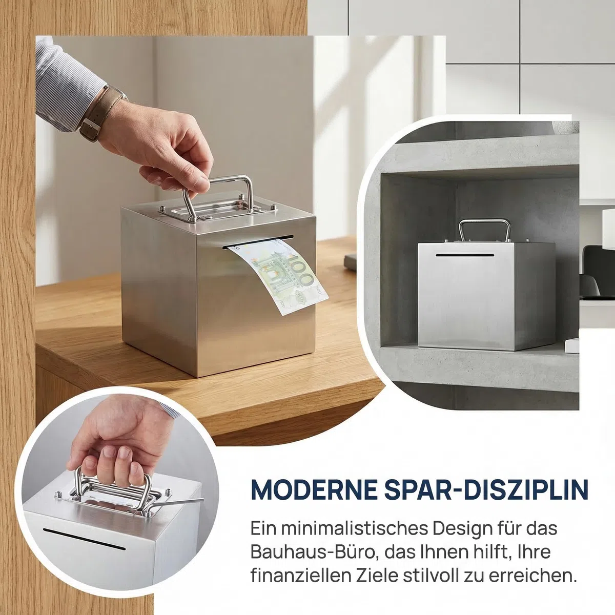 Hucha para Adultos de Acero Inoxidable,Safe Piggy Bank,Caja de Ahorros para Niños,Bank Box con Mango Difícil de Abrir,Caja de Ahorro de Monedas en Efectivo,(Plata 15x15x15cm)