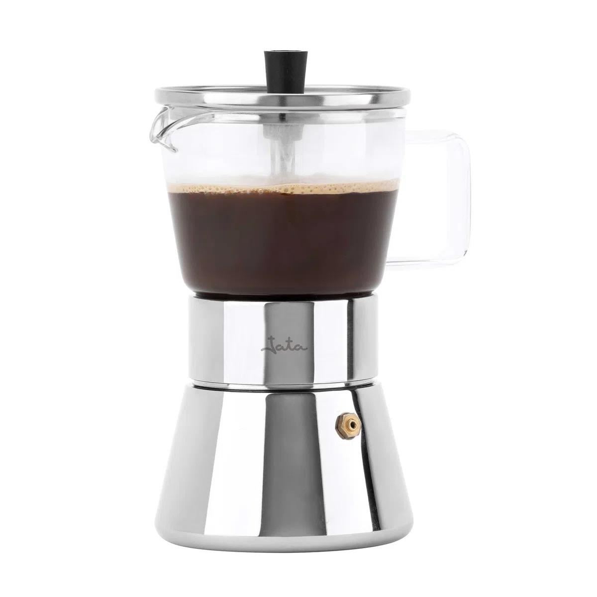JATA HOGAR HCAF5507 - Cafetera Italiana Inducción 6 Tazas (240 ml) Acero Inoxidable con Jarra de Borosilicato, Moka para Café Espresso, Apta para Inducción, Gas y Vitro, Libre BPA