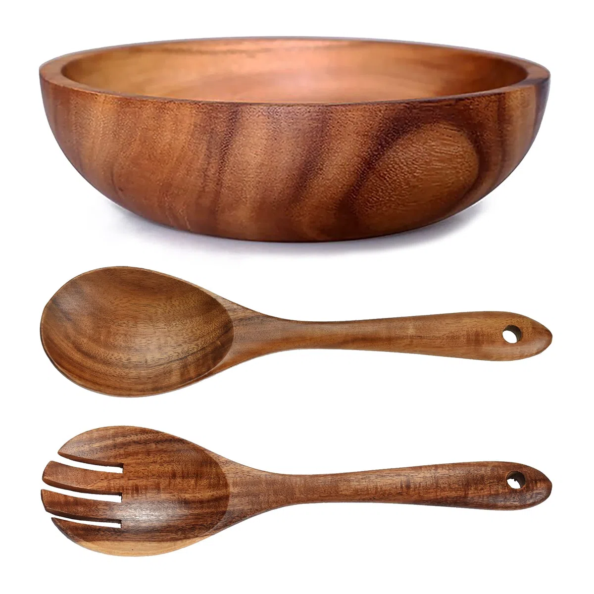 Ensaladera de madera de gran tamaño (26 cm x 7,5 cm), con juego de cuchara y tenedor de madera (26 cm x 6,8 cm), cuenco de madera de acacia, cuencos grandes de madera para servir