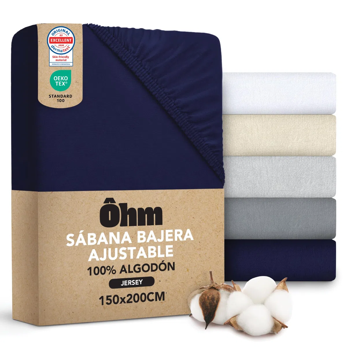 Ôhm Sábana Bajera Ajustable 150x200 Azul – Jersey 100% Algodón Elástico – Suave, Transpirable y Antiarrugas – Altura 28 cm para Colchones Altos – Oeko-Tex