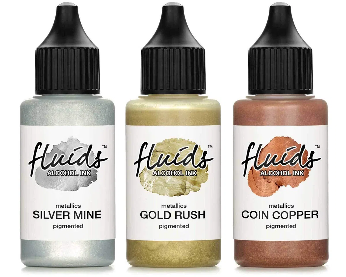 3x 30 ml Octopus Fluids Alcohol Ink Set Metallic GOLD RUSH, SILVER MINE, COIN COPPER, Tinta al alcohol para Fluid Art y Resin Art, resina epoxi