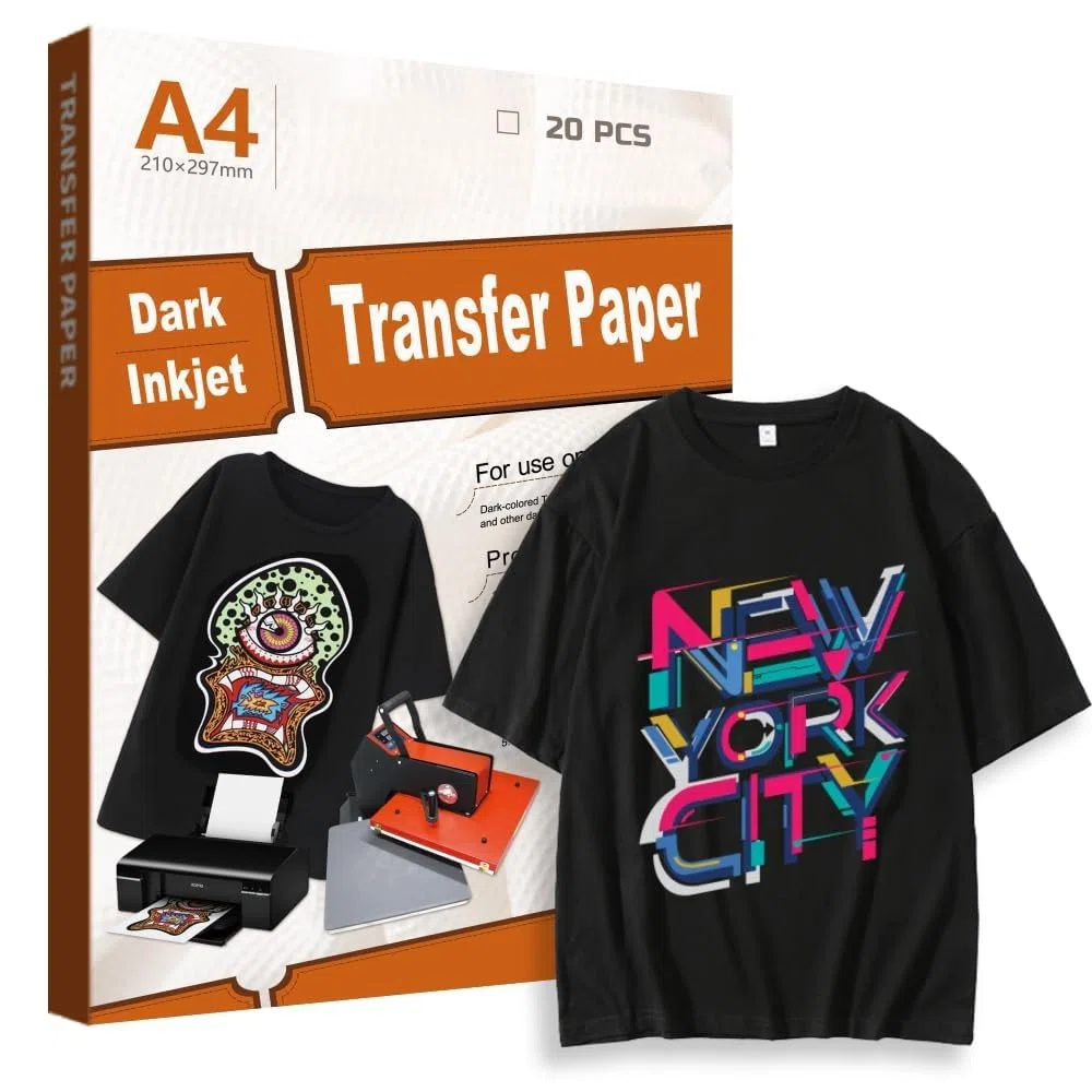 Papel de Transferencia para Telas Oscuras, Papeles Transfer para Camiseta Negra A4 20 Hojas, Película de Transferencia Térmica para Impresoras Láser y Inyección Tinta
