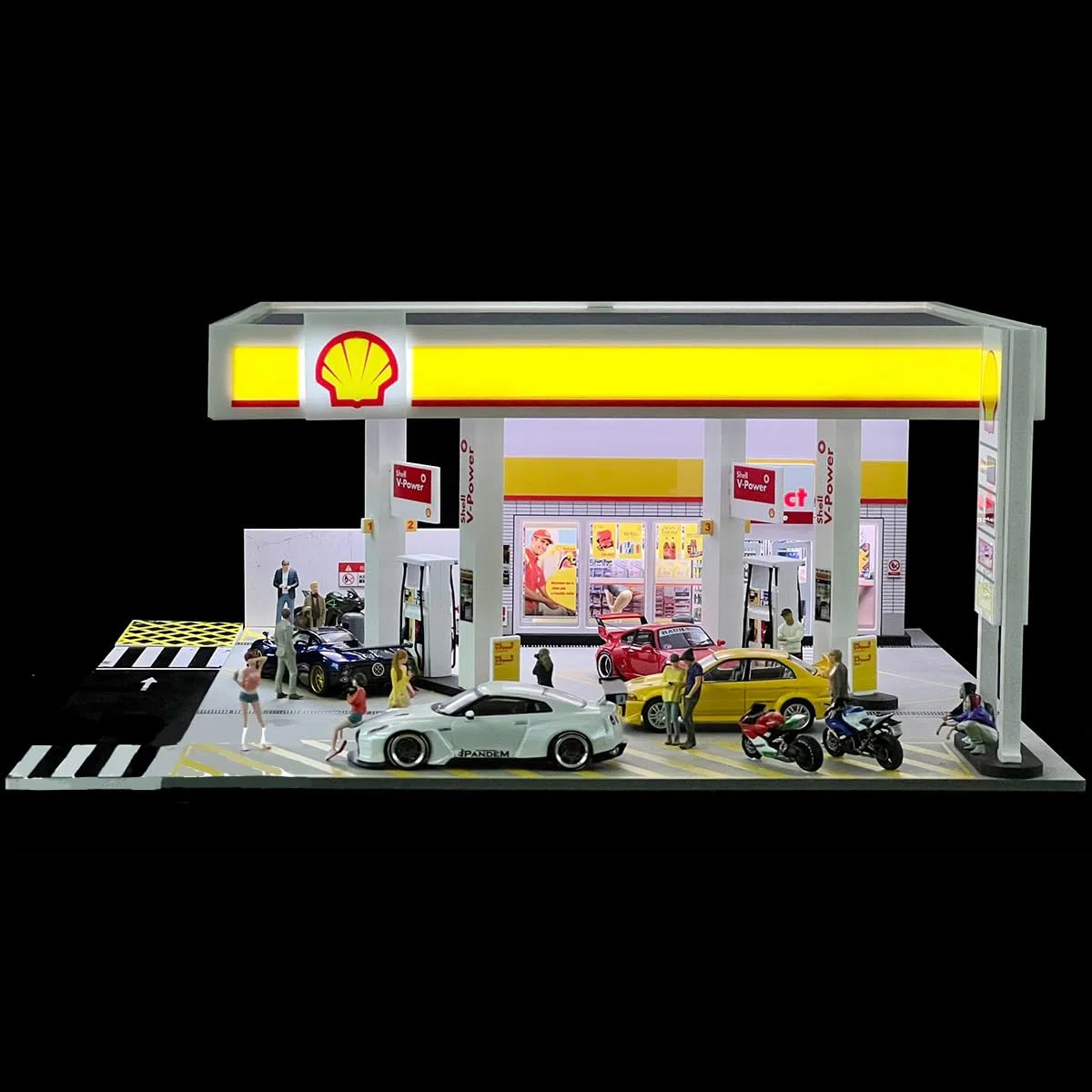 Shell Gasolineras Modelo Shell Gas Station 1:64 Diorama con coche y figura, Escena detallada en miniatura para coleccionistas