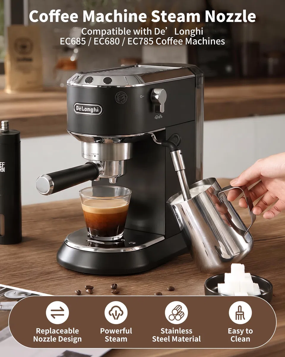 MOWETOO Boquilla de Vapor para Cafetera - Boquilla Espumadora Inoxidable para Cafetera Espresso, Tubo para De’Longhi Dedica EC680 EC685, Una Abertura y Tres Aberturas, Upgrade Latte Art