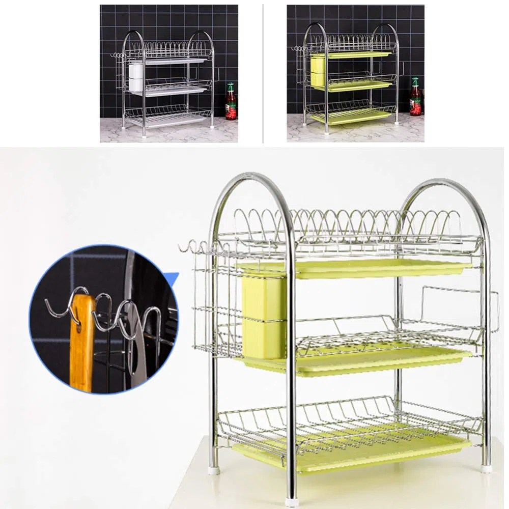 Escurridor de platos de acero inoxidable, organizador de cocina a prueba de óxido con 3 cubos de drenaje para platos, vasos, tazas y cubiertos, estante de secado duradero que ahorra espacio para un