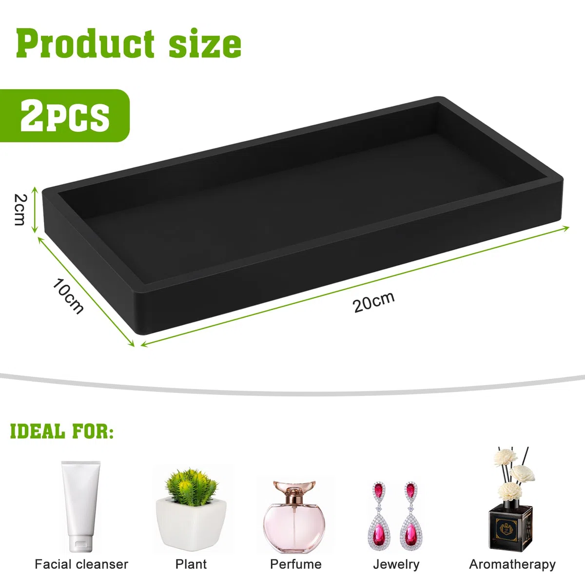 2PCS Bandeja baño，Bandeja Negra，bandejas Decorativas， Adecuado para Cocina, baño, Sala de Estar, etc. Silicona, 20x10cm.