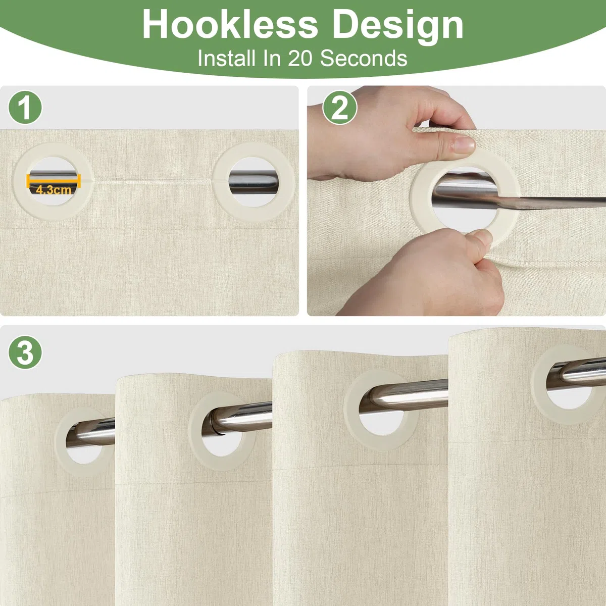 Cortina de Ducha de Lino Texturizado con Revestimiento Impermeable, Ojales Grandes, 230GSM Cortina de Baño de Tela Resistente, Dobladillo Pesado, Lavable, Instalación Fácil, 183x191cm, Crema