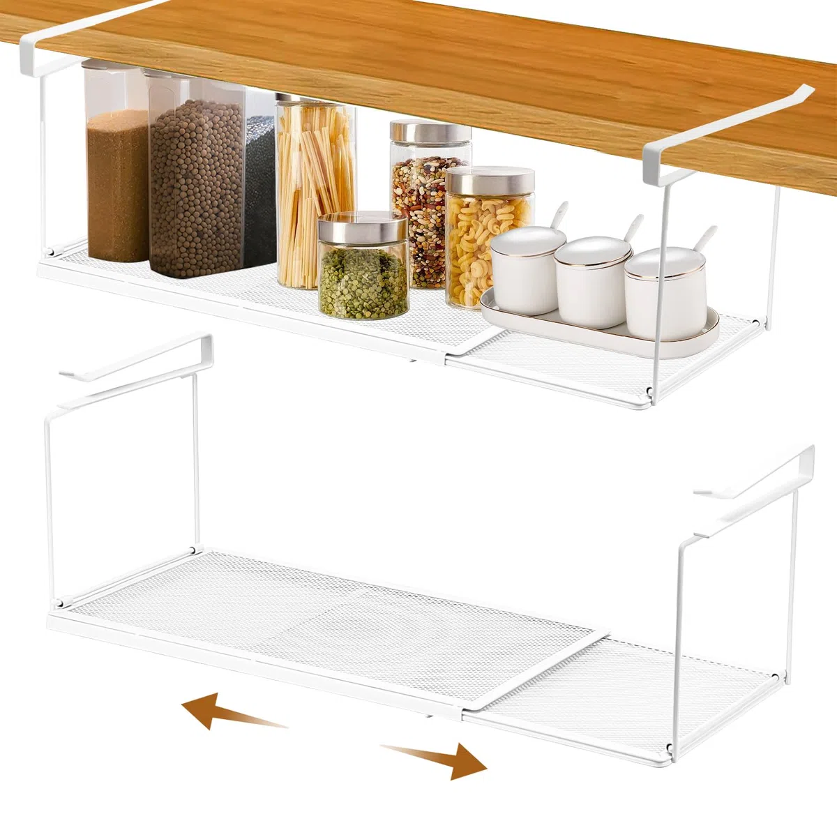 Ajustable Cesta Colgante para Debajo de la Estantería, Almacenaje de Cocina bajo Balda Estante de Metal para Colgar Debajo del Dscritorio 38.5-70 cm, para Armarios de Cocina (Blanco)