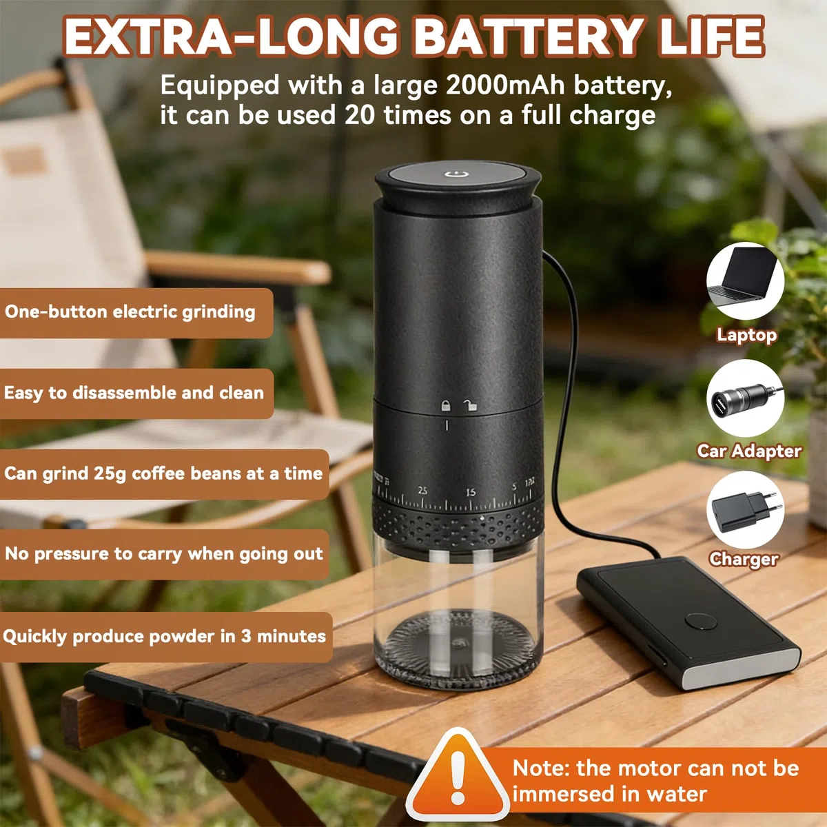 Molino de Café Eléctrico Portátil, Molinillo de Café con Muelas Cónicas de Cerámica, 2000mAH Recargable USB, Ideal para Hogar, Oficina, Campamento y Viajes (negro, L)