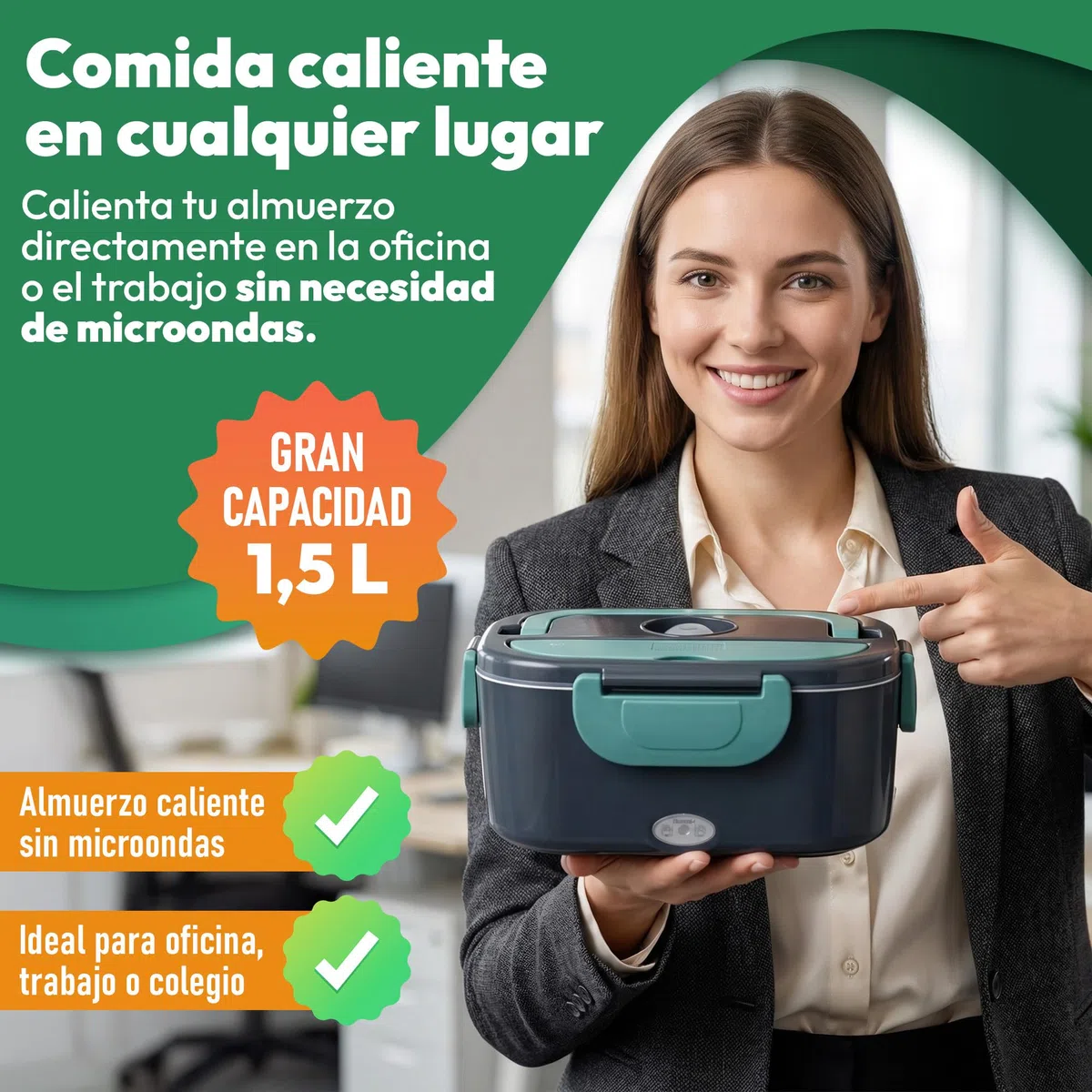 Tupper Calentador para Comida – Tartera Comida Trabajo, Loncheras de Trabajo - Marmita Eléctrica Portátil 1,5L con 2 Cables (Casa y Coche) – Lancheira Termica Facil de Limpiar