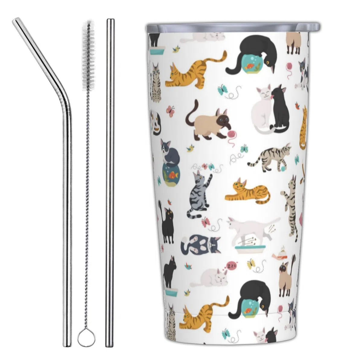 Vaso de gato con tapa y popote, botella de agua aislada de acero inoxidable de 20 onzas, taza de café de viaje, consejos de un gato regalo para mujeres