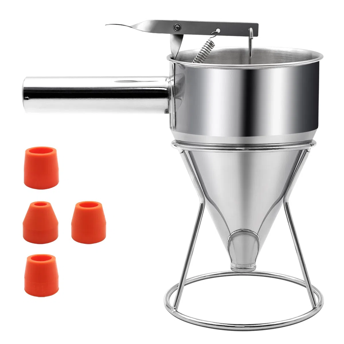 Dispensador de masa de panqueques de acero inoxidable, dispensador de pasteles de embudo de 0.6 L con soporte, herramienta de horneado resistente para cupcakes, gofres y pasteles