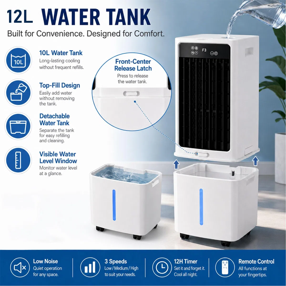 Enfriador de Aire Portátil, Climatizador Evaporativo 12L Silencioso, 3 Velocidades, Ruedas Giratorias, para Habitación Casa, 6 Cajas de Hielo (288x260x615mm)