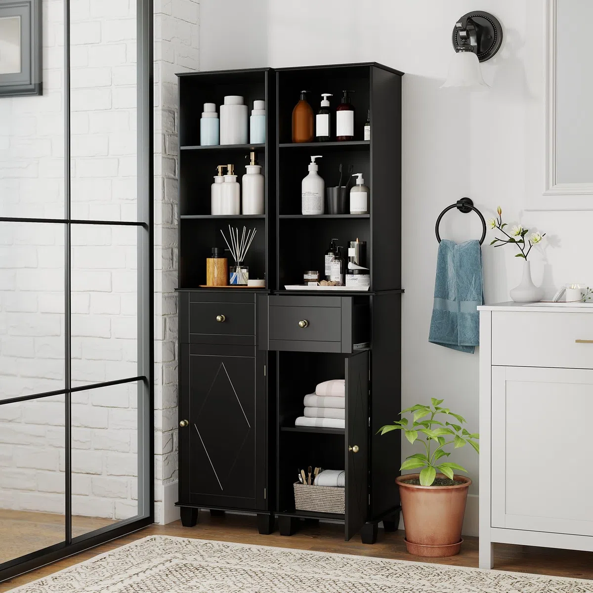 LIFEZEAL Mueble de Baño para Ahorrar Espacio, Columna Alta y Estrecha con 1 Cajón, 3 Estantes Abiertos, 1 Puerta y Patas de Madera Maciza, Armario Aparador para Cocina, Baño y Salón (Negro)
