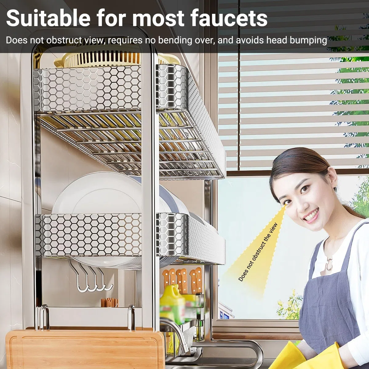 Escurridor de platos de acero inoxidable de 2 niveles con soporte para utensilios, escurridor de encimera de cocina para platos, vasos, cuencos y cubiertos