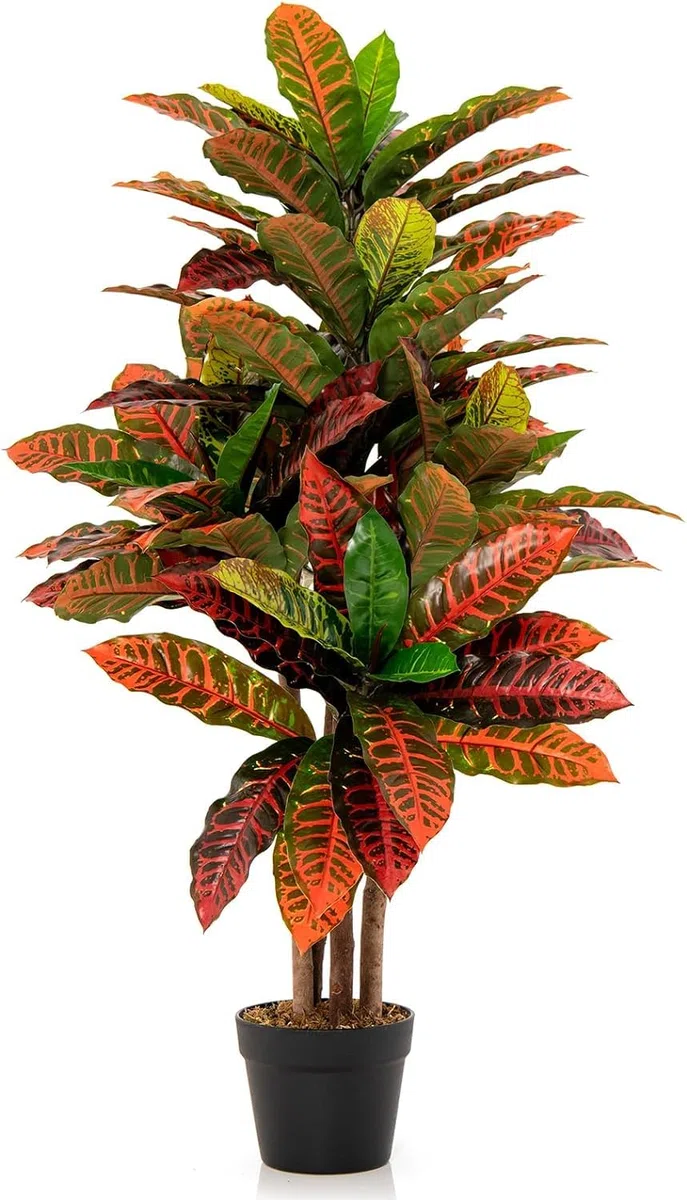RELAX4LIFE Planta Artificial Decorativas 100 cm, Planta Artificial de Crotono con 71 Hojas Grandes, Tronco de Madera y Maceta, Planta Artificial para Salón, Oficina y Hogar, Ø67x100cm (Verde+Rojo)