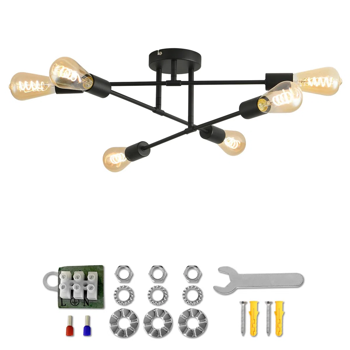 ANWIO Lámpara de Araña Negra, Lámpara Colgante de 6 Brazos con Casquillo E27 para Cocina, Sala de Estar, Dormitorio, Comedor, Pasillo, Almacén (Sin Bombillas)