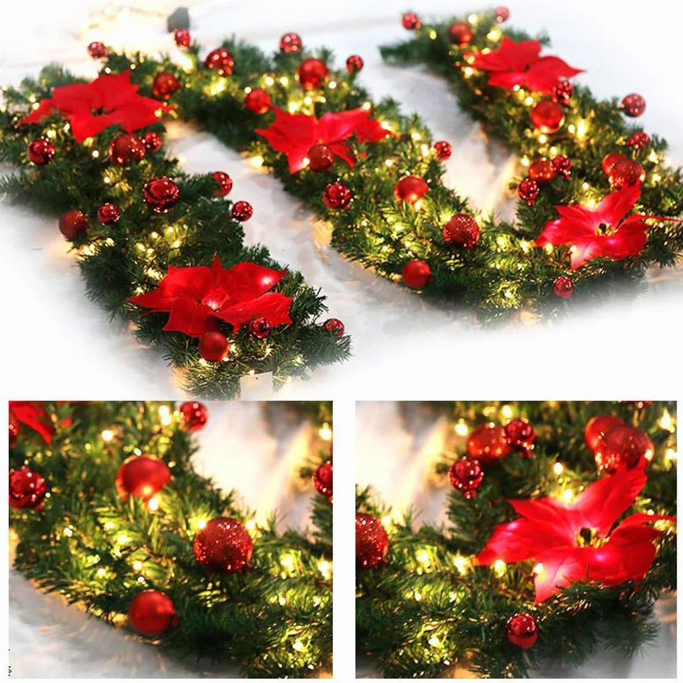 Queta - Guirnalda de árbol para decoración de Navidad, Guirnalda con Bolas de Corona de Flores, Bola con luz LED para Puerta de Entrada, 270 cm (Rojo)