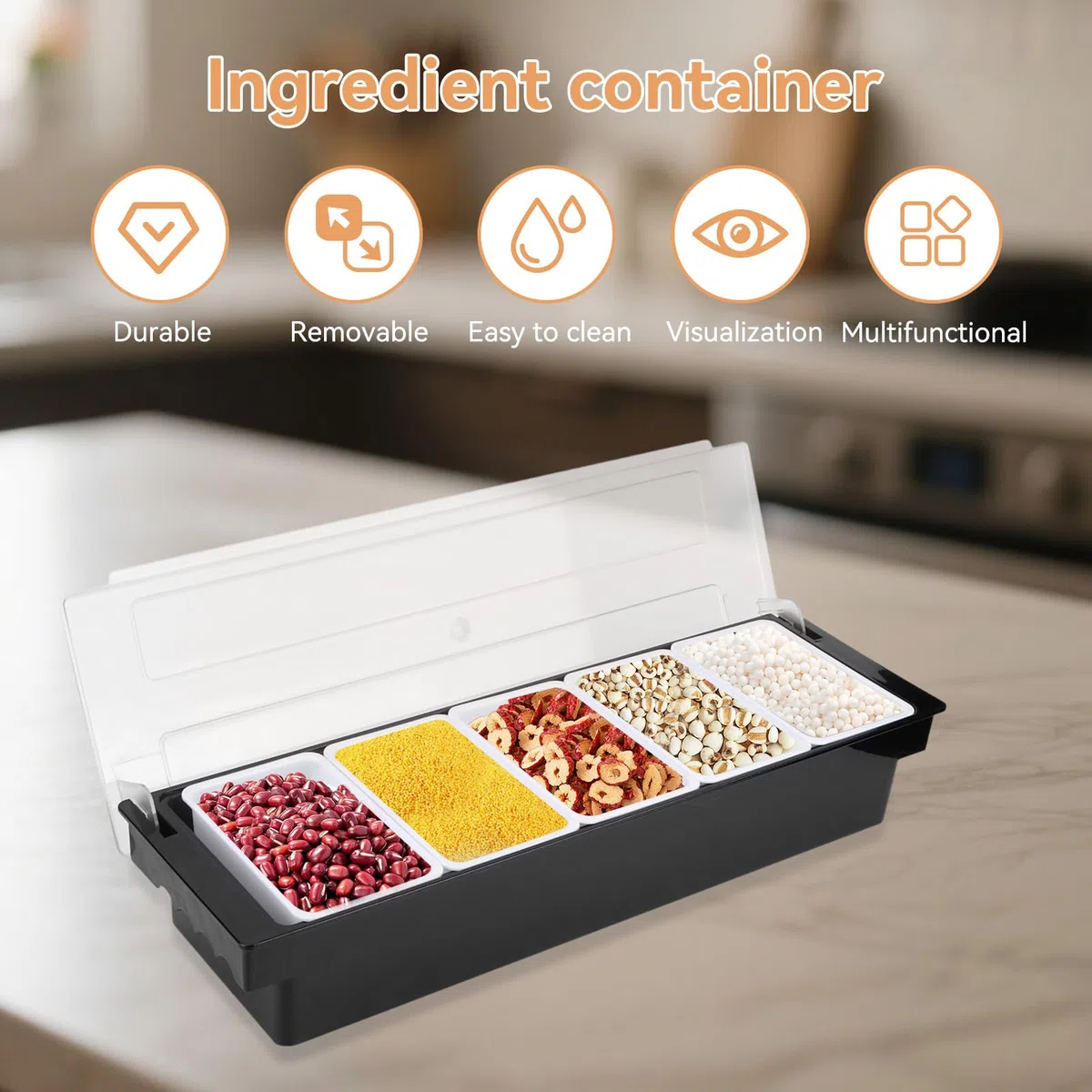 Cesta Para Frutas Con Tapa, Bandeja Dispensadora De Plástico Con Compartimentos Para Decorar Barras, Dispensador De Alimentos Y Condimentos Para Servir Tacos/Helados/Fruta/Ensaladas (5 Compartimentos)