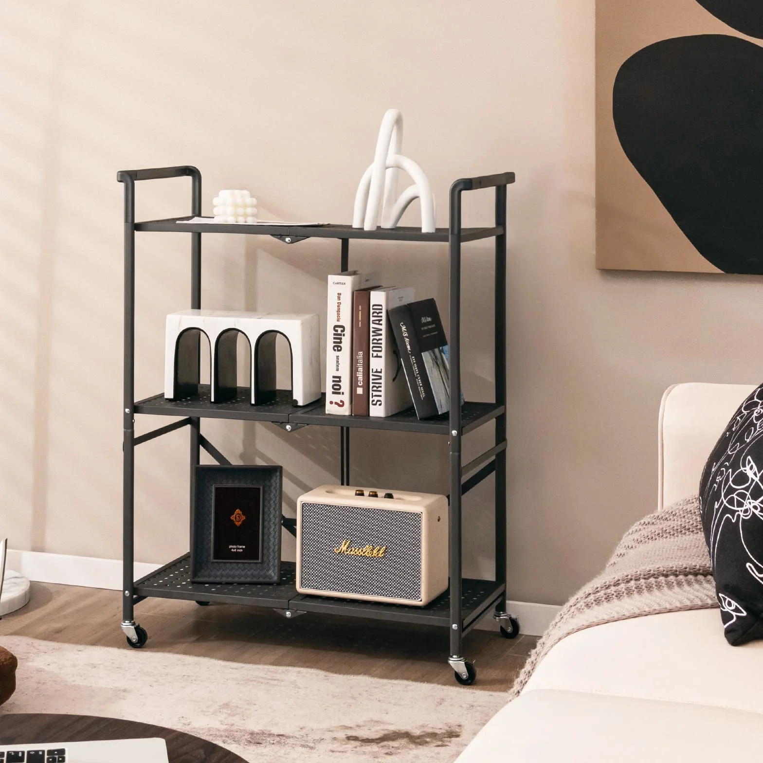 KOMFOTTEU Carrito de Cocina Plegable de 3 Niveles, Carro Auxiliar de Metal, Estantería para Microondas con Ruedas, Carro de Servicio, Carro de Almacenaje para Salón, Pasillo, 73 x 33 x 94 cm, Negro