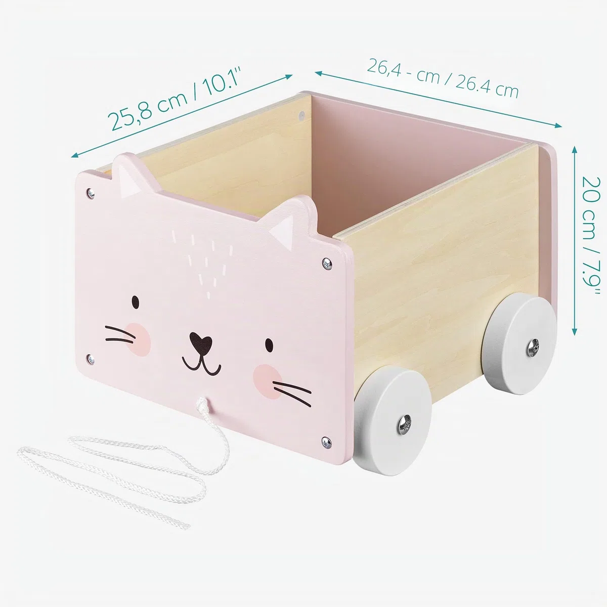 Navaris Caja de almacenamiento de juguetes - Baúl de madera para almacenaje en habitación de los niños - Cubo con ruedas y diseño de gato - Unisex