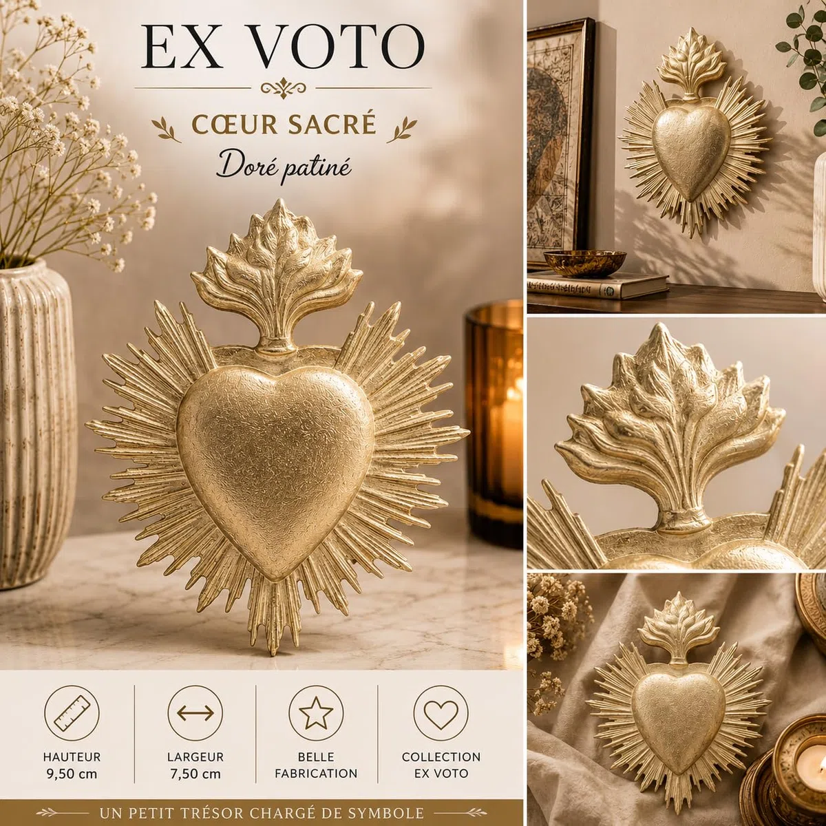 chehoma Ex-voto Corazón dorado de resina, decoración religiosa para dormitorio, montaje en pared