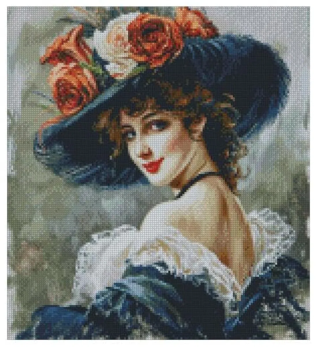 Lady in Hat (4) Kit de punto de cruz contado, tela aida de 14 puntos, 100% hilo de algodón, 150 x 160 puntos, 26 x 28 cm de algodón