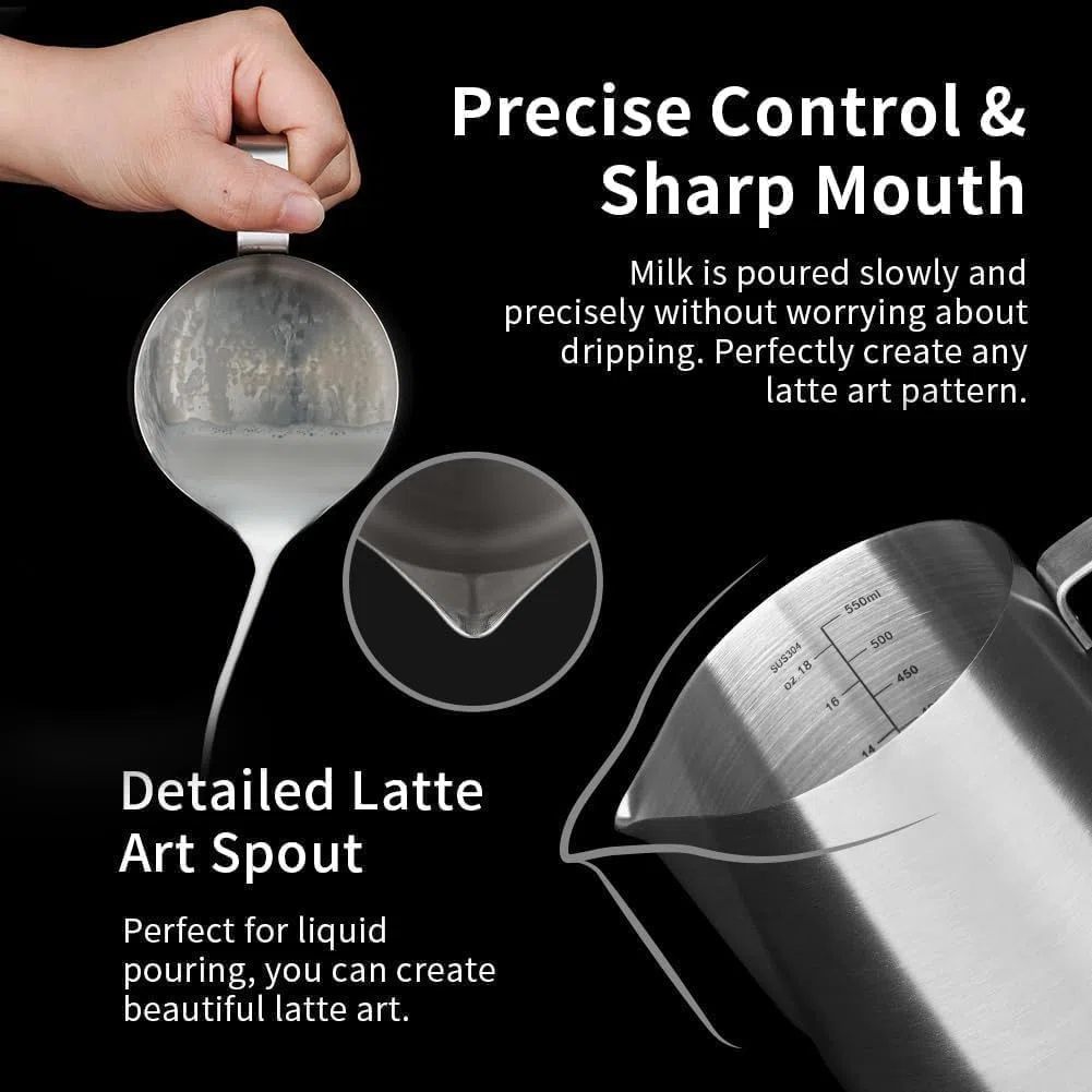watchget Jarra de espuma de leche de acero inoxidable de 20 onzas/600 ml, jarra de vapor para capuchino, arte con leche, accesorios para máquina de café, jarra de leche, taza de espumador de café