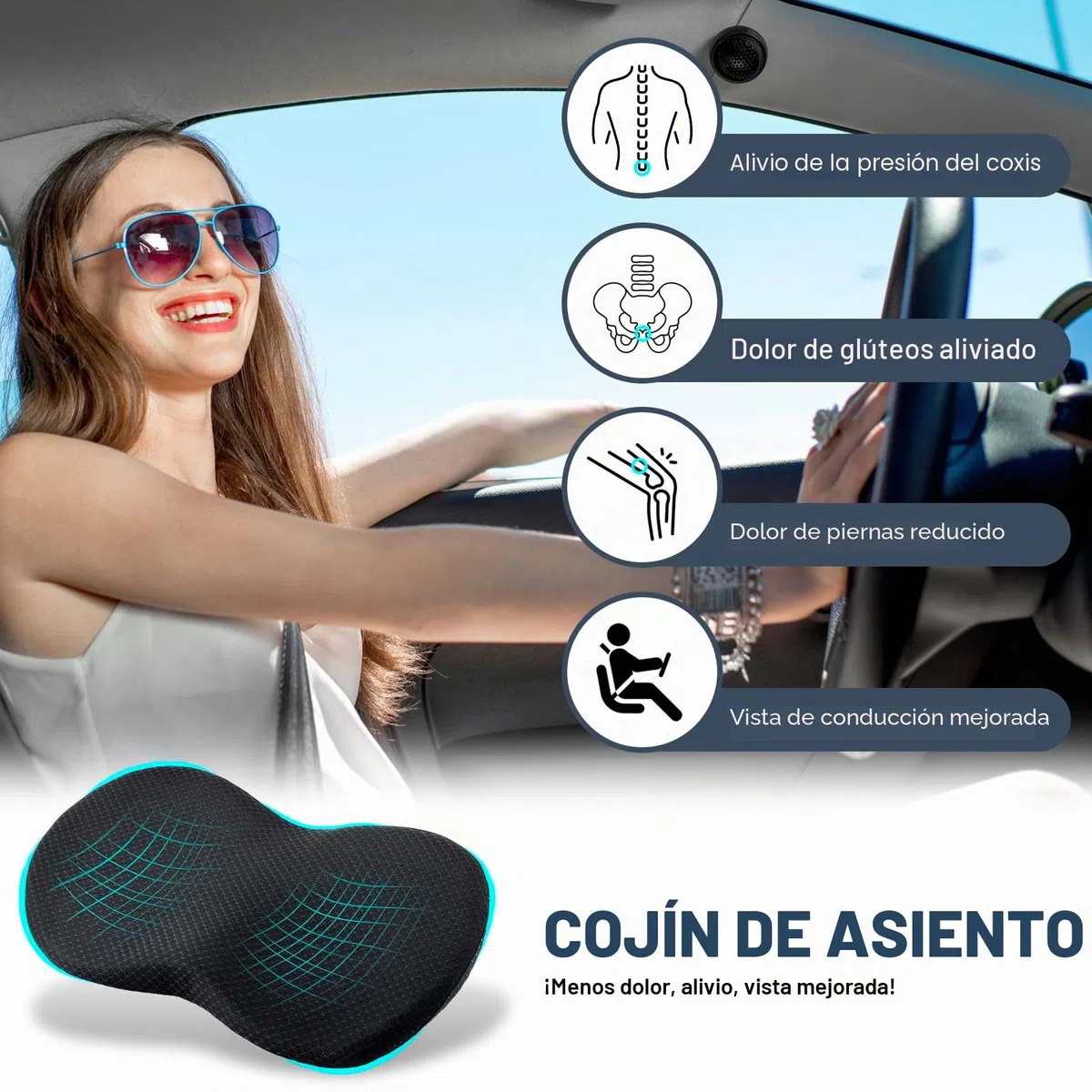 Cojín en cuña para coche, cojín de espuma viscoelástica para asiento de coche, cojín ergonómico para asiento de coche con alivio para el coxis para conductores, sillas de oficina y camiones