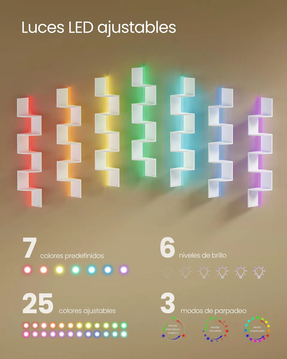 VASAGLE Estantería de Esquina de Pared con Iluminación LED, Librería Esquinera de 5 Niveles, Estante Flotante para Dormitorio, Salón, Baño, con Botón y Control Remoto, Blanco Mate LBC630W01