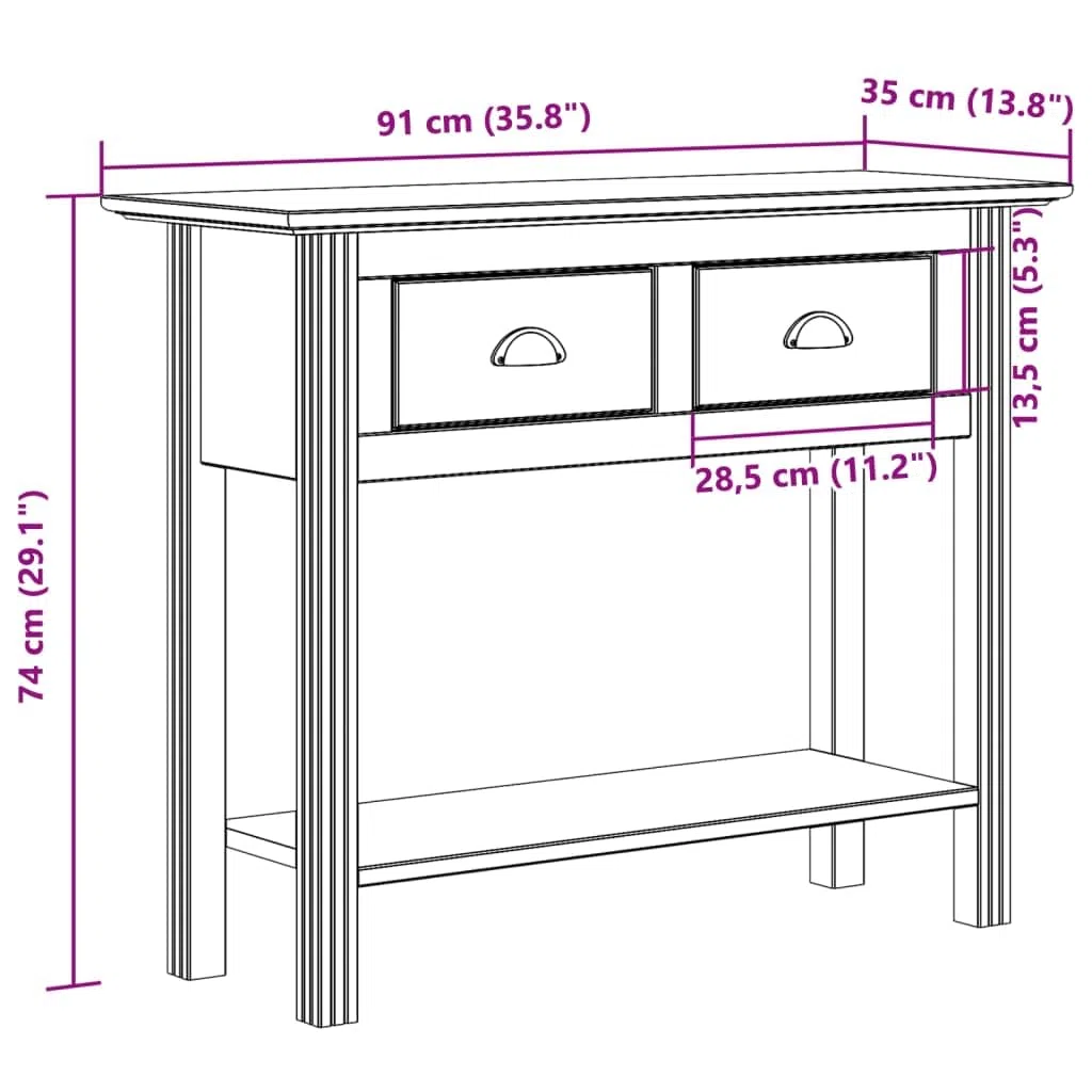 Consola clásica de madera de pino maciza con 2 cajones y estante, mesa de pasillo rústica de estilo francés con asas de metal para sala de estar y pasillo