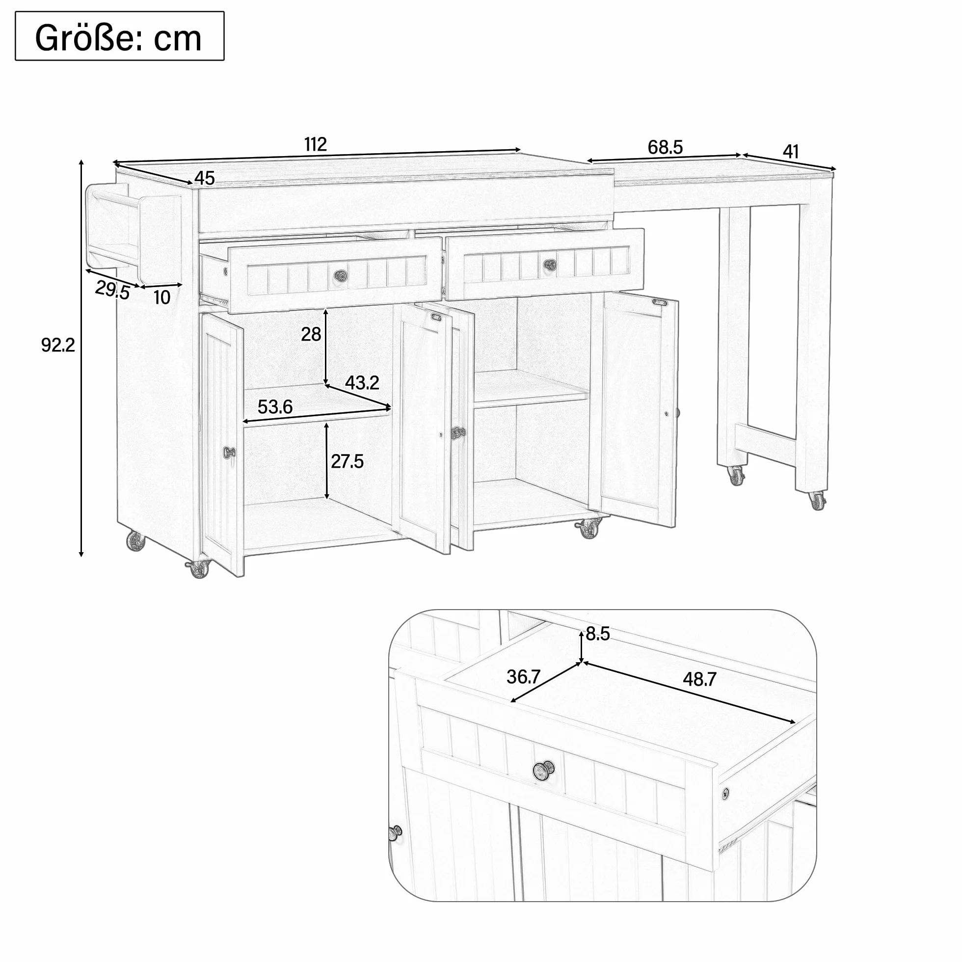 Merax Isla de cocina ultramoderna con espacio de almacenamiento, mesa de bar extensible con encimera, isla de cocina con ruedas, 2 cajones, 2 armarios y estante para especias, carrito de cocina móvil