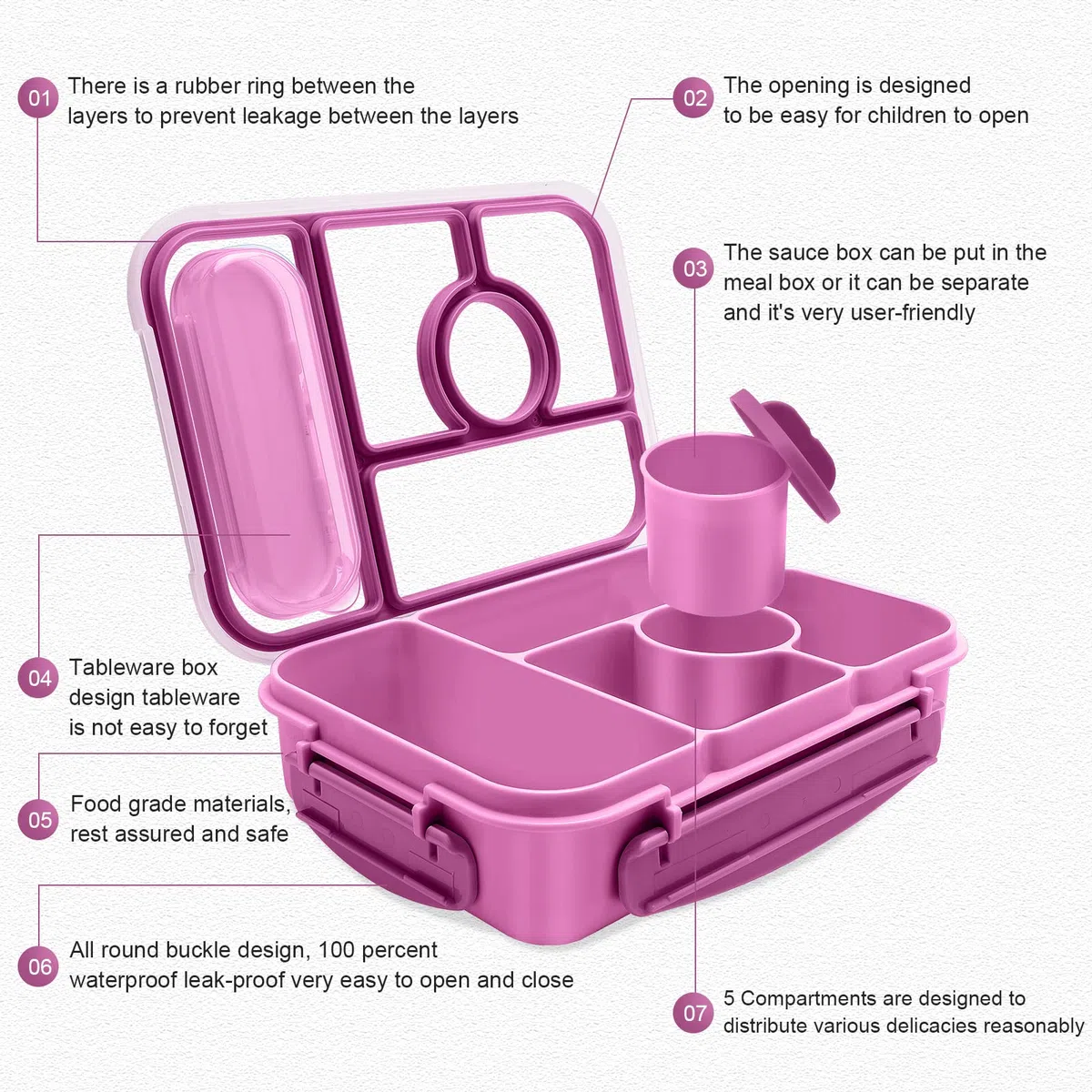 Amathley Fiambrera Infantil,Lunch Box Kids/Adultos,1300ML Bento Box Kids con 5 Compartimentos y Recipientes Para Salsas, Para Microondas y Lavavajillas,Sin BPA (Morado)