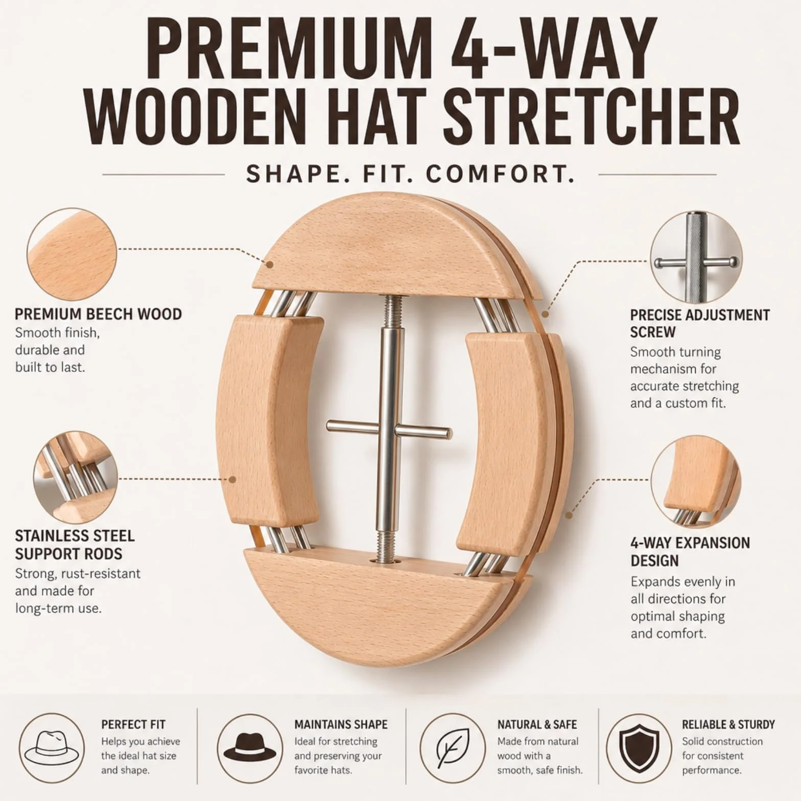 Tensor de sombrero, tensor de sombreros de madera de cuatro lados, soporte para sombreros de madera natural, sombrero de fedor de vaquero, ajustable en anchura al sombrero, adecuado para gorras