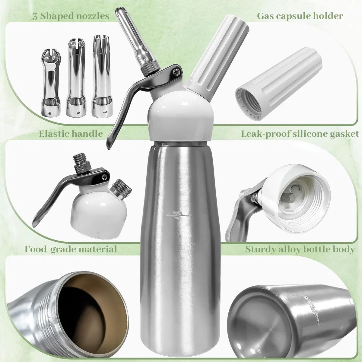 Sifon Cocina, para Nata Cocinar, Nata para Montar, Mousse, Pastel, Café, Postres, Sifón Cocina Nata, 500 mL, Acero Inoxidable de Grado Alimenticio, 3 Boquillas + 1 Cepillo Limpieza (A)
