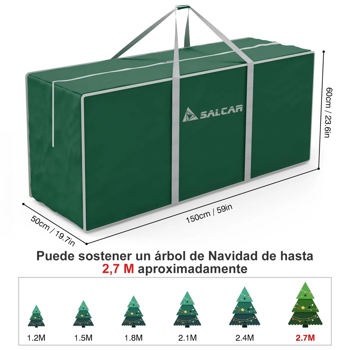SALCAR Bolsa de Almacenamiento para árbol de Navidad, para Árbol de Navidad Artificial de 1,8 m / 2,1 m / 2,4 m / 2,7m, Tela Oxford 600D, Impermeable, a Prueba de Polvo, Plegable, con Asa- Verde,150cm