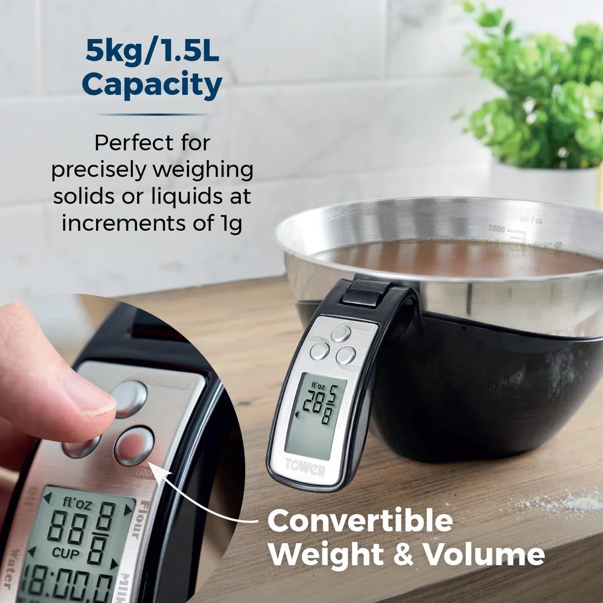 Tower Báscula digital 3 en 1, cuenco de acero inoxidable de 1,5 L, precisión de 1 g, añade y pesa para ingredientes húmedos y secos, modos de peso/volumen convertibles, capacidad de 5 kg, negro