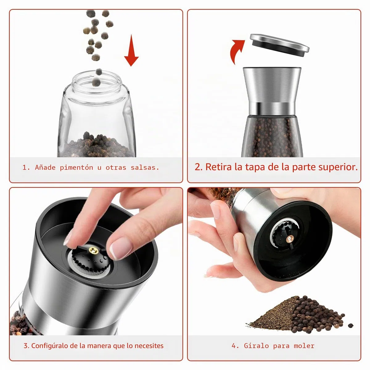 4 Piezas Molinillo de Especias,Salero y Pimentero Ajustable Spice Mill Set,Acero Inoxidable y Vidrio,Núcleo Abrasivo Cerámico,Ideal para Moler y Rellenar Sal,Pimienta y Chile