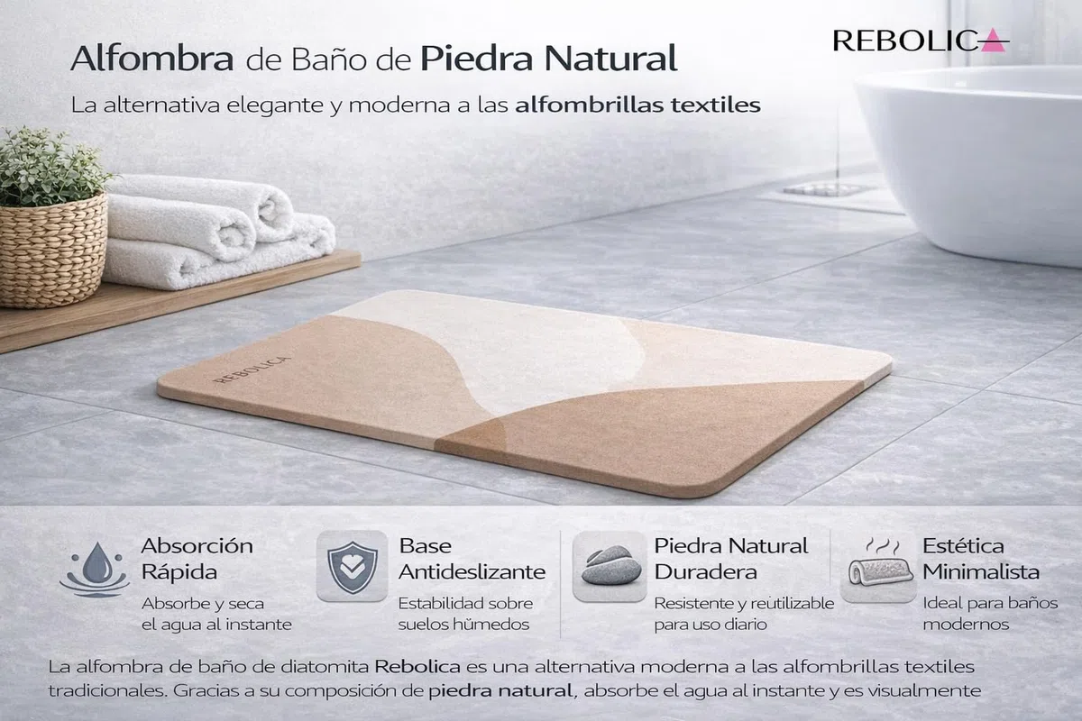Alfombra de Baño de Diatomita Antideslizante – 60x40 cm – Secado Rápido y Alta Absorción – Alfombra de Piedra Natural para Ducha y Baño Moderno - Marron