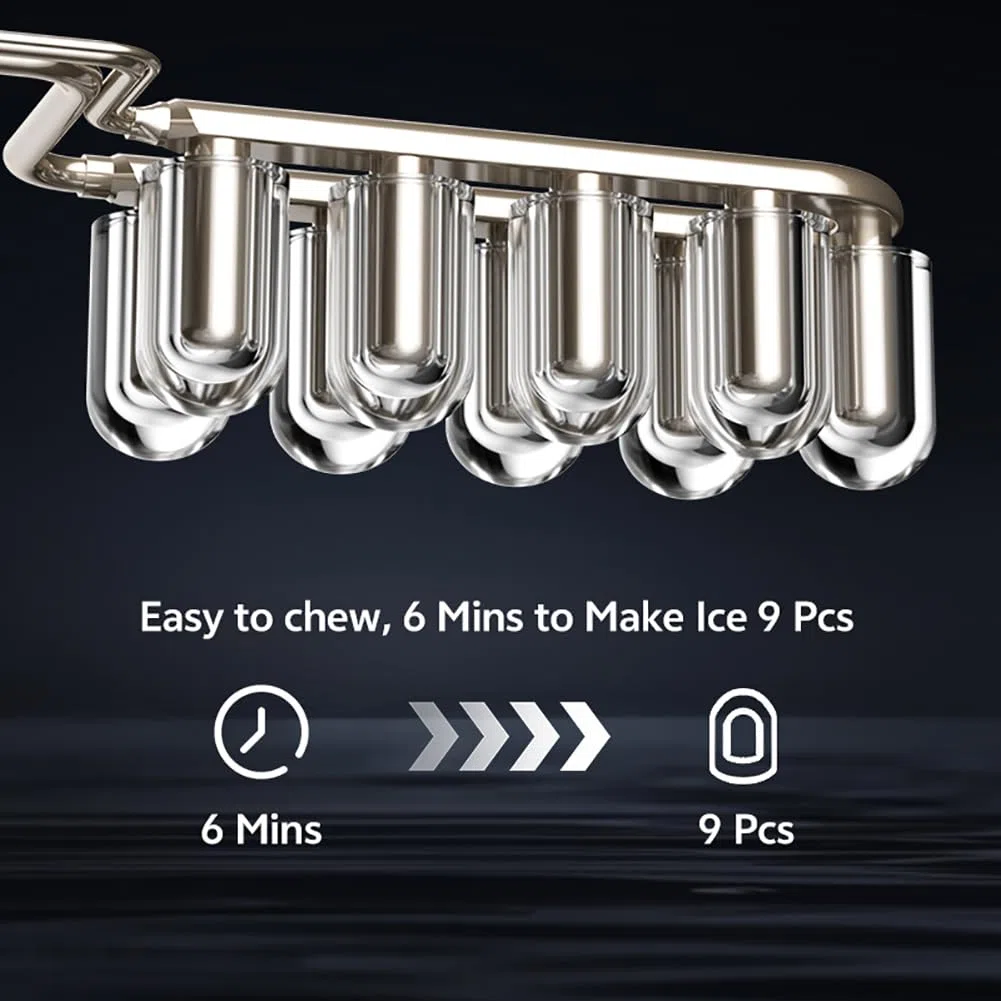 Fabricante de hielo de nugget de encimera, máquina de hielo compacta de 9 pcs/6 minutos, cubo de hielo de 2 tamaño, auto limpieza, para bar de casa, encimera de cocina, vehículos recreativos black