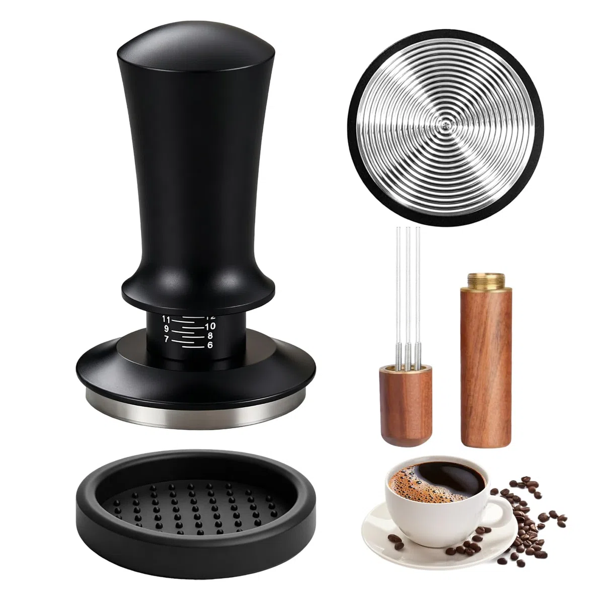 Prensador de Cafe de 58 mm con Tamper 58mm Silicona Station y Mini Aguja WDT Cafe Base Roscada y Resorte Ajustable con Profundidad Ajustable Accesorios Cafetera Kit para Baristas Caseros y Cafeterías