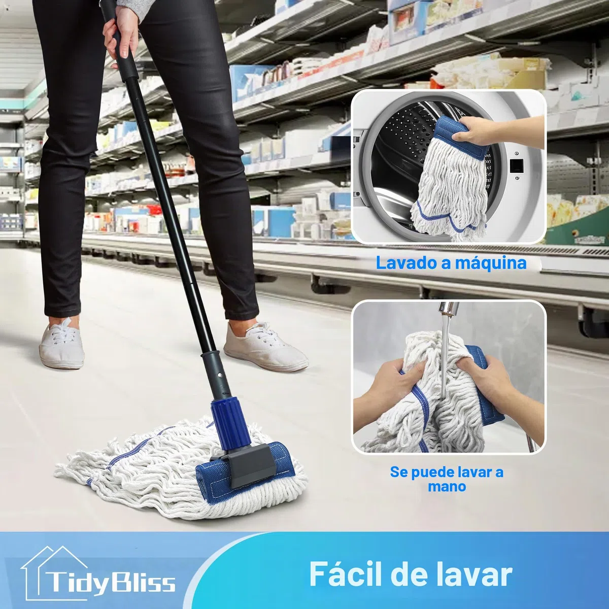 TidyBliss Mopa Fregona Industrial, Mopas de Limpieza de Suelos con Manija Extra Larga de 146 cm, Profesional para Limpieza en Seco y Humedo de Suelos de Madera, Cemento, Azulejos (Azul)